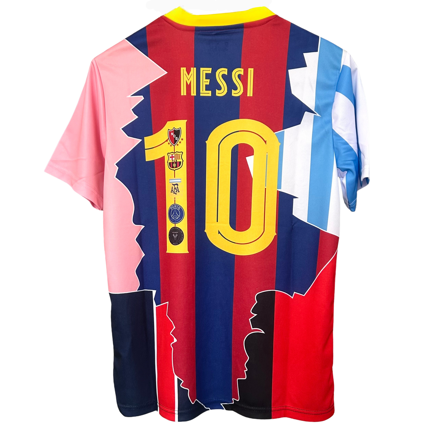 ELVN Messi Legacy Kit featuring a blue and red jersey with team logo and player number, displayed on a hanger.
