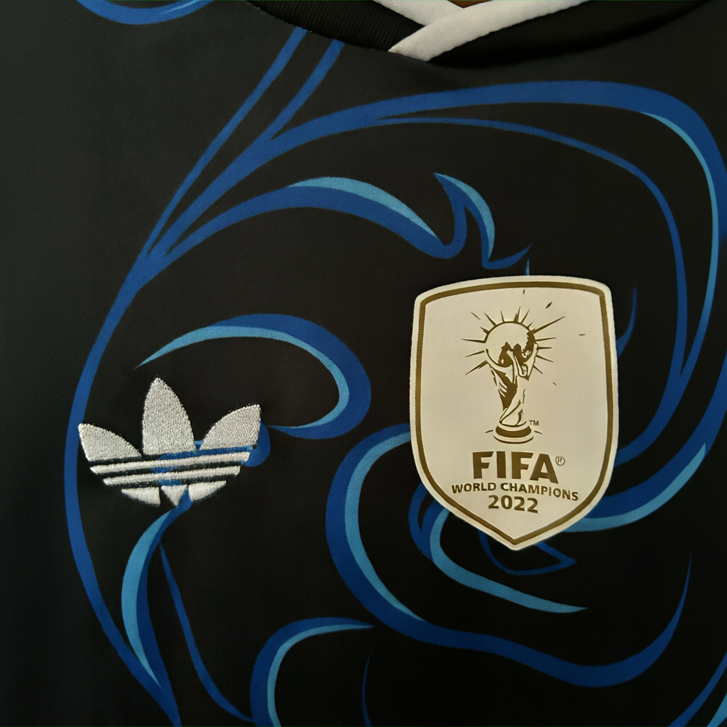 Argentina away football kit 2026 by ELVN featuring team jersey with blue and white design and Argentina emblem.