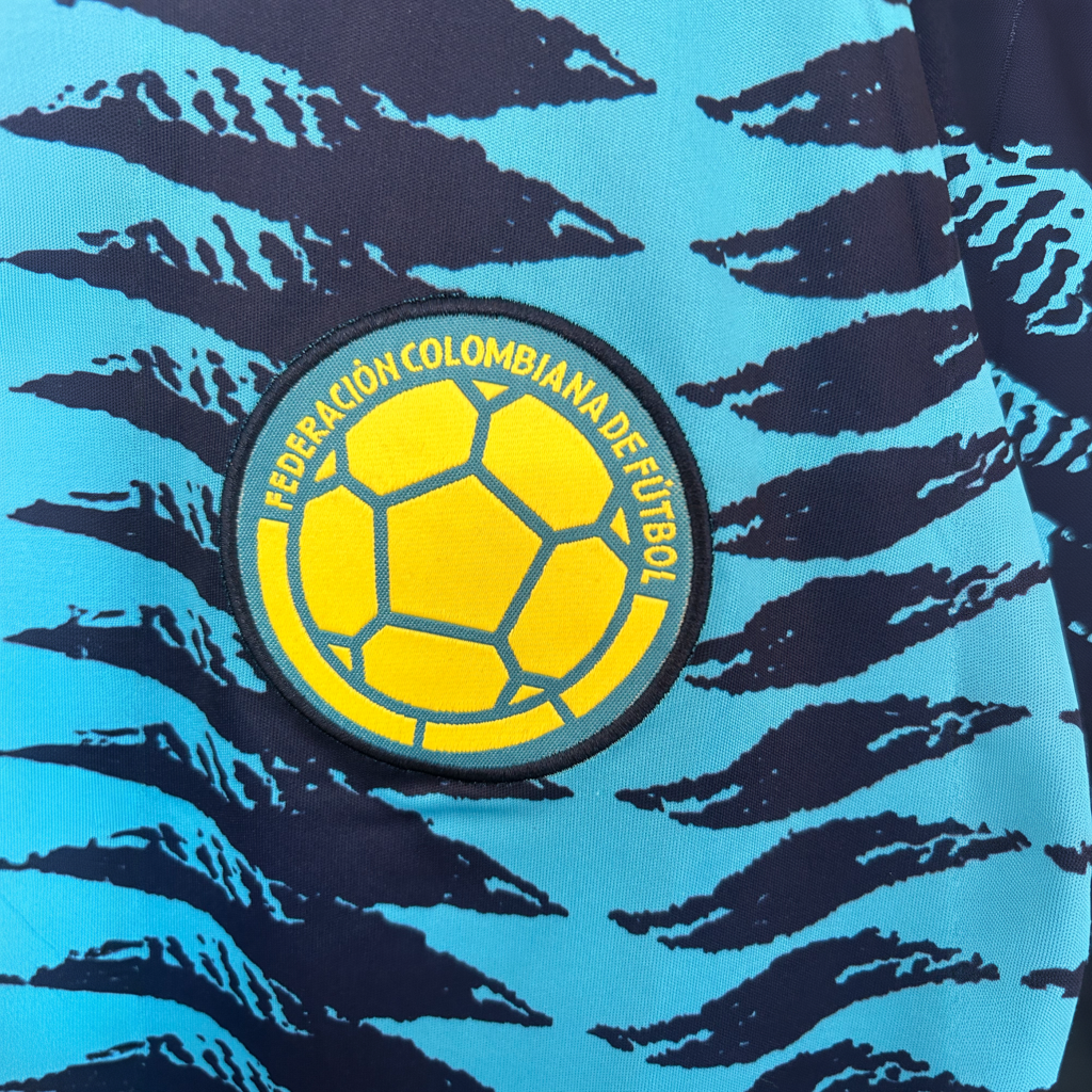 ELVN Colombia Away Kit 2026 soccer jersey featuring team logo, blue and white design, and athletic fit on a mannequin.