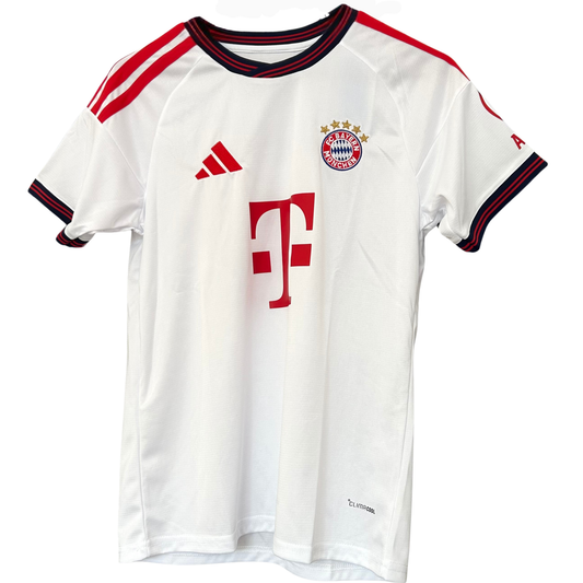 Bayern Munich away kit 2026/27 by ELVN displayed on a mannequin, featuring blue and white design with team crest and sponsor logos.