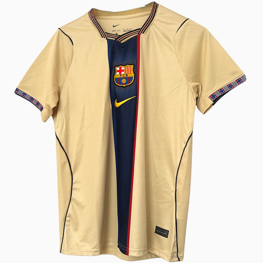 Elvn FC Barcelona away kit 2001/03 jersey with blue and maroon stripes, featuring club crest and sponsor logo.