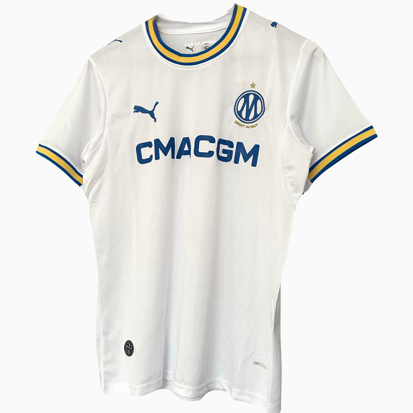 OLYMPIQUE MARSEILLE 2026/27 home kit by ELVN, featuring the team's jersey with club crest and team colors on a display.