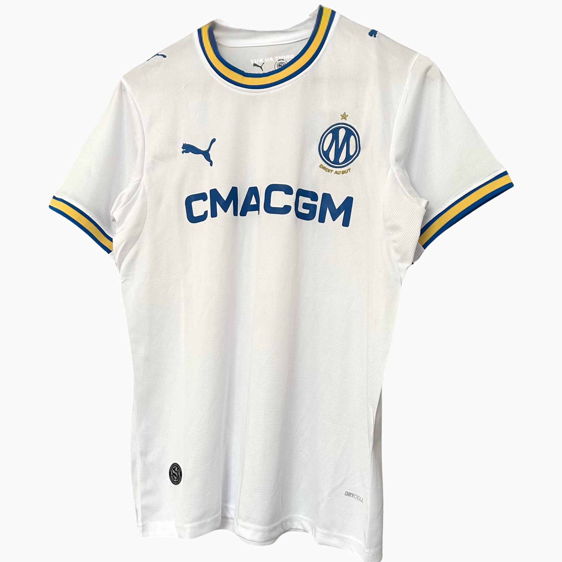 OLYMPIQUE MARSEILLE 2026/27 home kit by ELVN, featuring the team's jersey with club crest and team colors on a display.