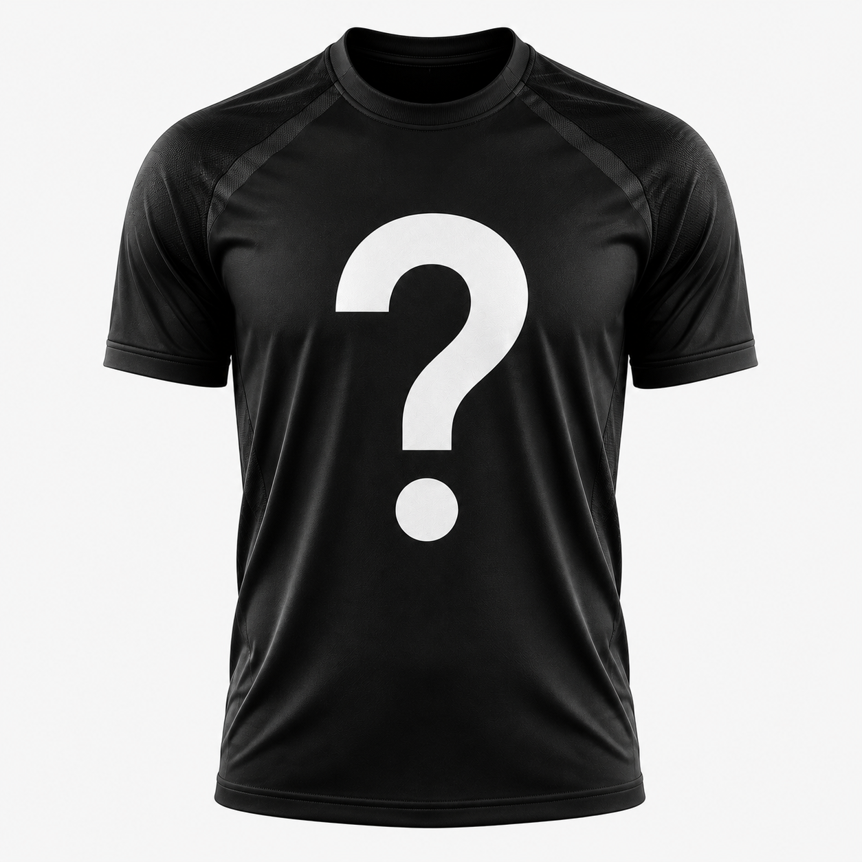 Black t-shirt with a white question mark on a white background