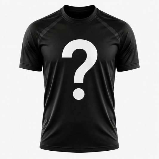 Black t-shirt with a white question mark on a white background