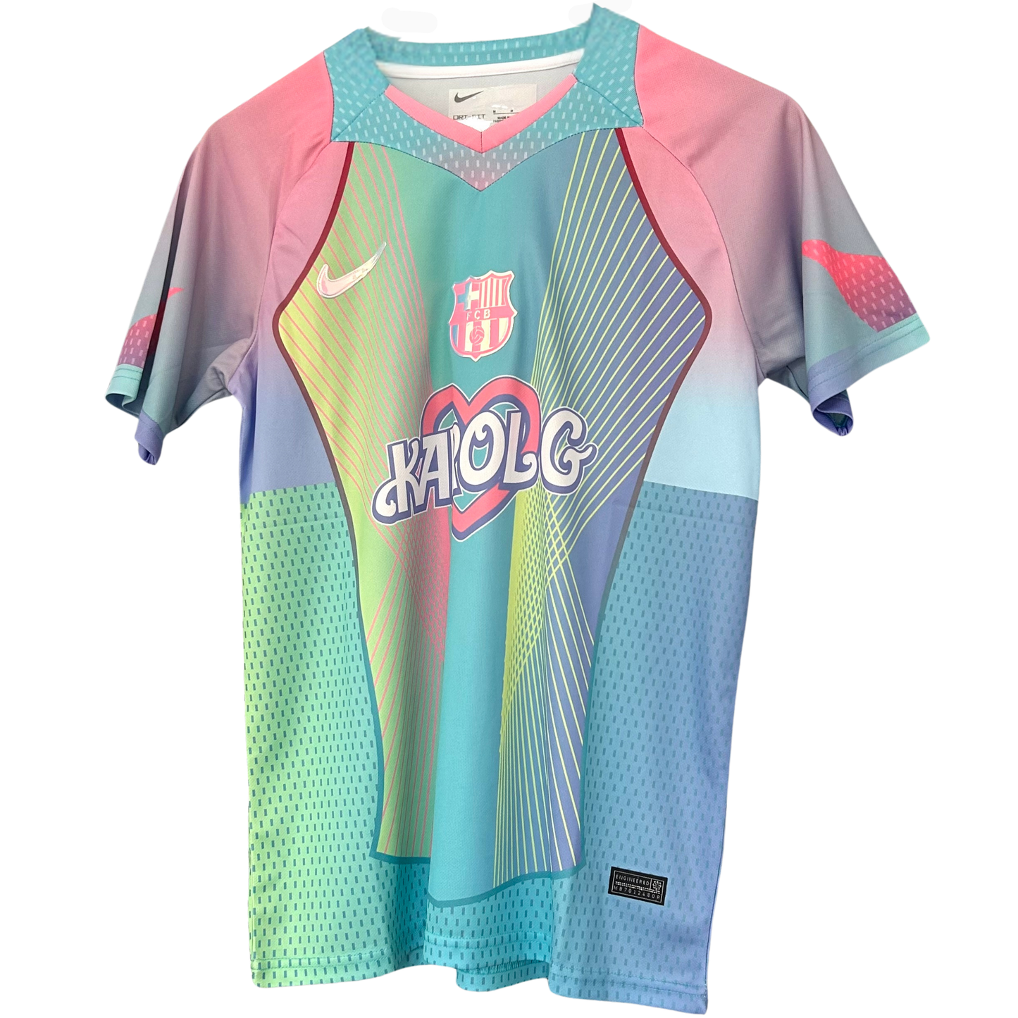 ELVN FC Barcelona x Karol G pastel kit featuring team logo and vibrant design, perfect for fans and collectors.