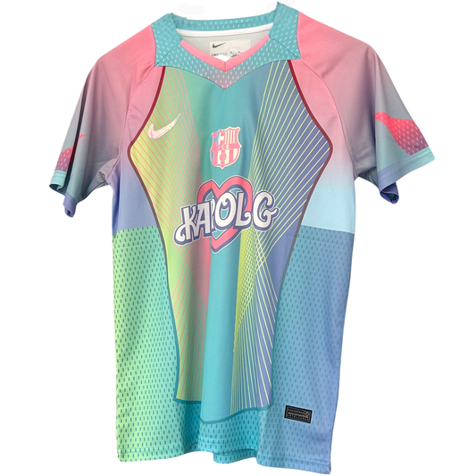 ELVN FC Barcelona x Karol G pastel kit featuring team logo and vibrant design, perfect for fans and collectors.