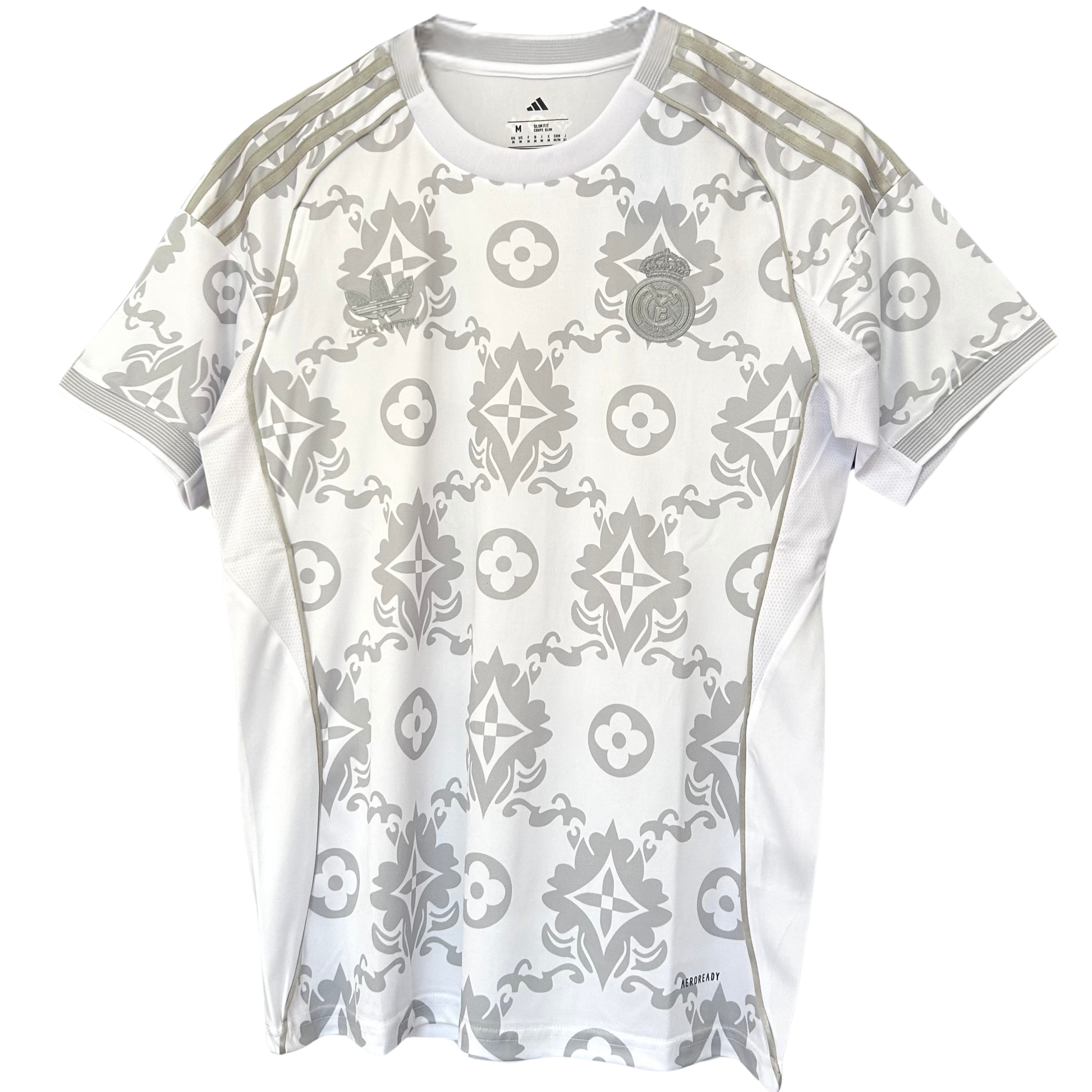 ELVN Real Madrid X Louis Vuitton kit featuring the branded jersey and shorts with iconic logo details.