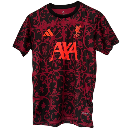 Liverpool pre-match kit for 2025/26 by ELVN featuring the team jersey and shorts, displayed on a flat surface.