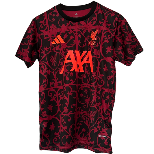 Liverpool pre-match kit for 2025/26 by ELVN featuring the team jersey and shorts, displayed on a flat surface.