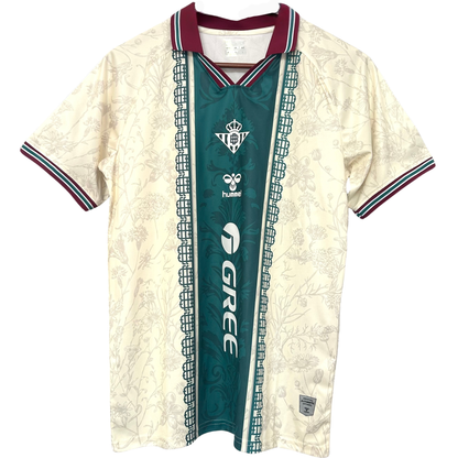 Real Betis heritage football kit by ELVN, featuring green and white stripes with team crest and sponsor logos on the jersey.