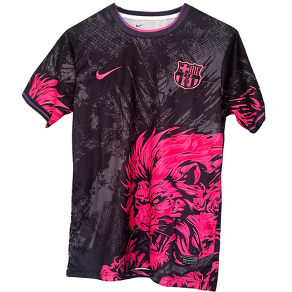 FC Barcelona pink lion kit by ELVN featuring the team jersey with pink and blue accents, displayed on a mannequin.