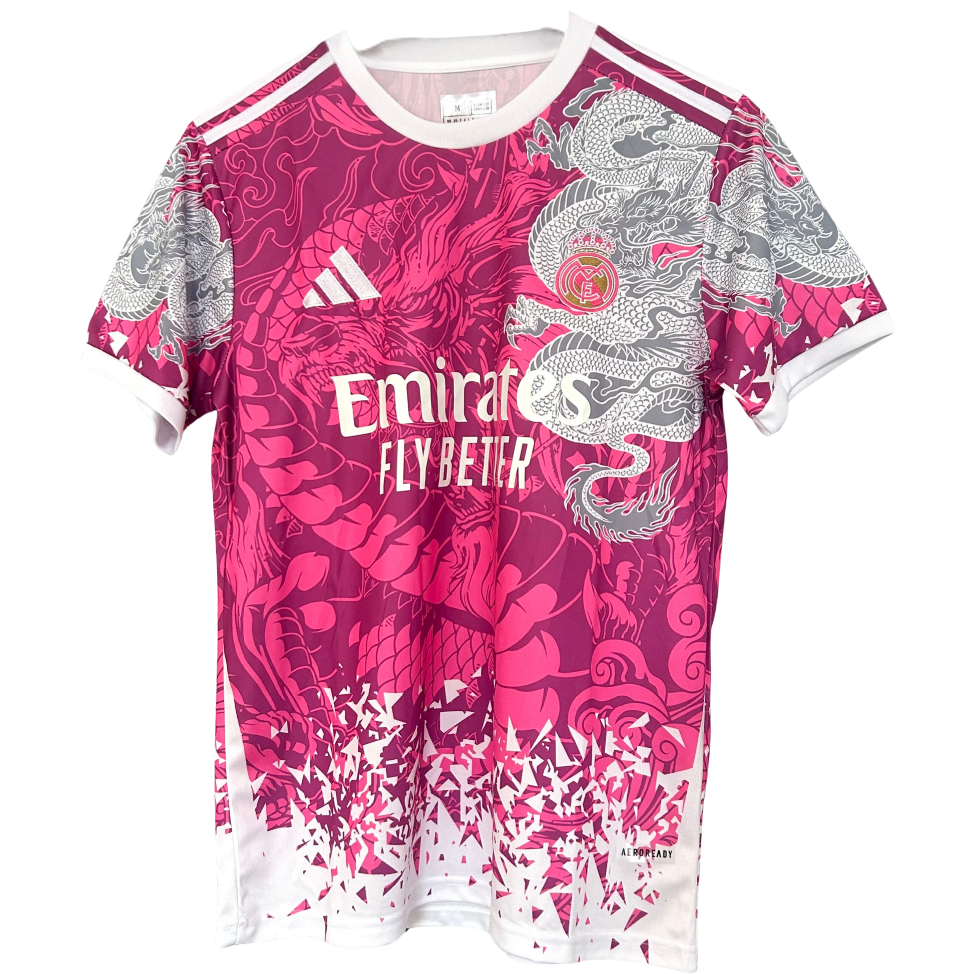 Real Madrid Rose Dragon kit by ELVN featuring the team jersey with rose and dragon design on the front.