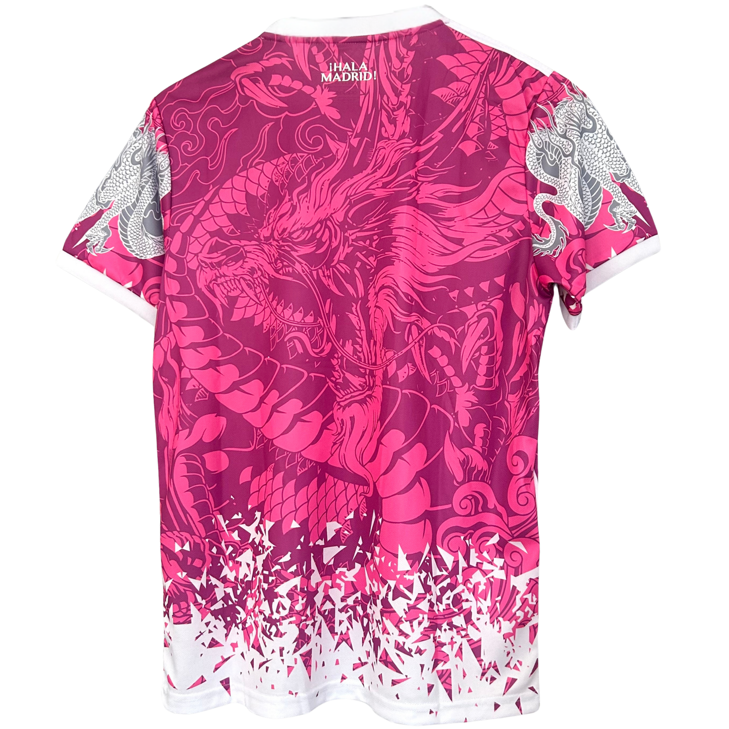 Real Madrid Rose Dragon sports kit by ELVN featuring team jersey with rose and dragon design, displayed on a flat surface.