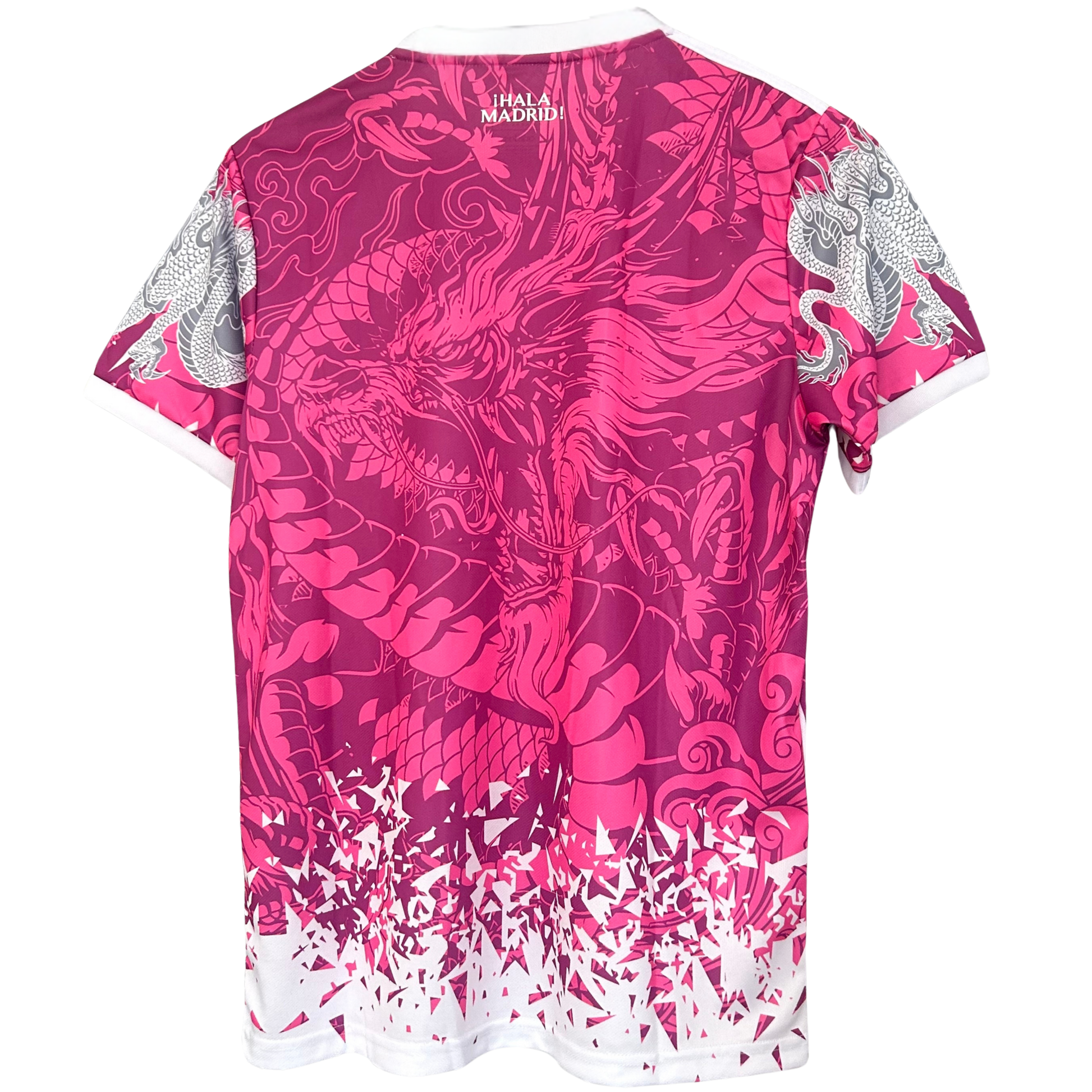 Real Madrid Rose Dragon sports kit by ELVN featuring team jersey with rose and dragon design, displayed on a flat surface.