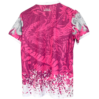 Real Madrid Rose Dragon sports kit by ELVN featuring team jersey with rose and dragon design, displayed on a flat surface.