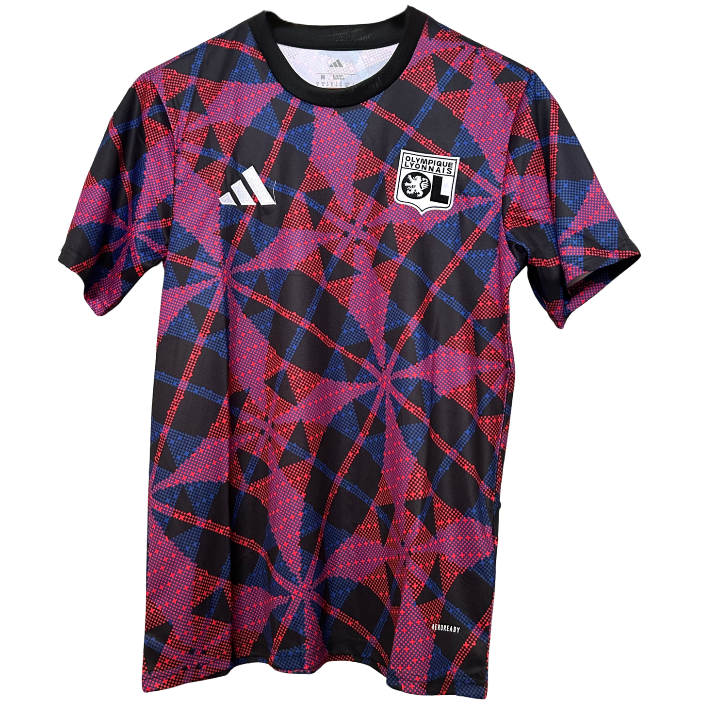ELVN Olympique Lyon pre-match kit 2025/26 featuring team jersey and shorts in blue and white, displayed on a hanger.