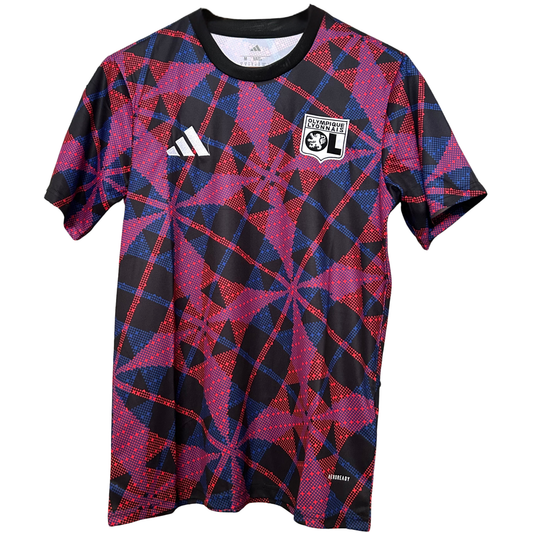 ELVN Olympique Lyon pre-match kit 2025/26 featuring team jersey and shorts in blue and white, displayed on a hanger.