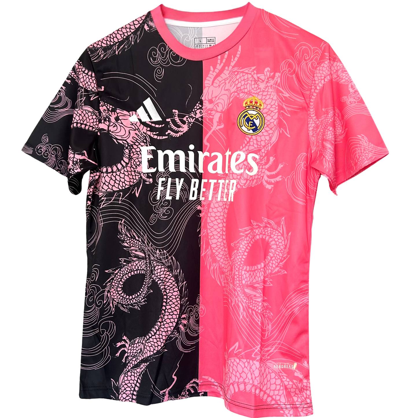 ELVN Real Madrid Dragon Rose Noir kit featuring black jersey, shorts, and socks with team logos and design details.