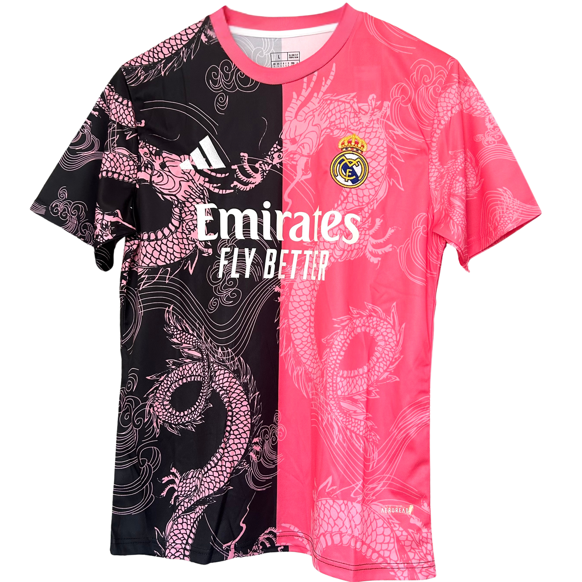 ELVN Real Madrid Dragon Rose Noir kit featuring black jersey, shorts, and socks with team logos and design details.