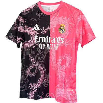 ELVN Real Madrid Dragon Rose Noir kit featuring black jersey, shorts, and socks with team logos and design details.