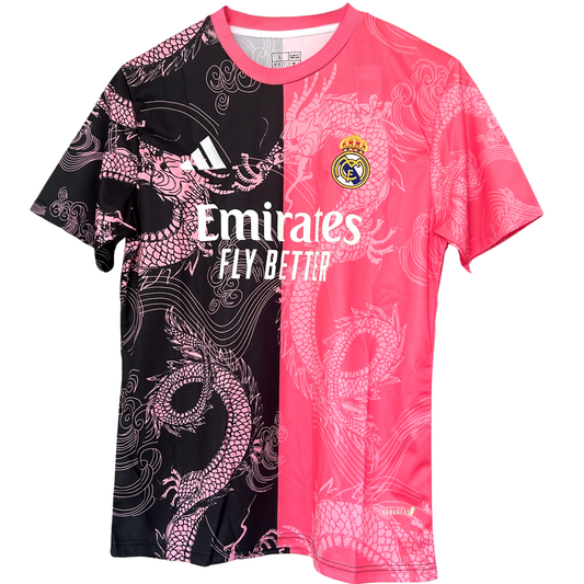 ELVN Real Madrid Dragon Rose Noir kit featuring black jersey, shorts, and socks with team logos and design details.