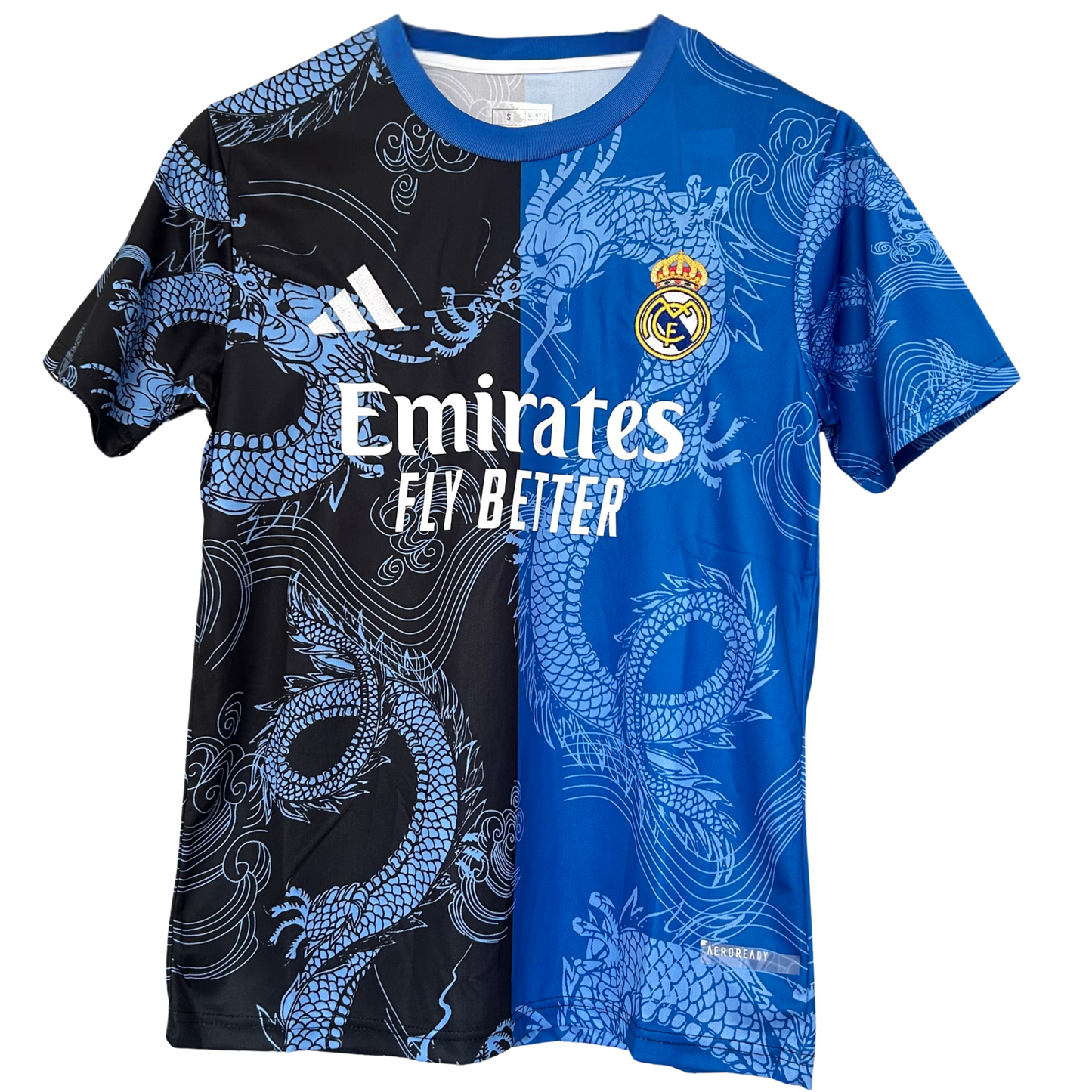 Real Madrid Dragon Blue Noir football kit by ELVN featuring the team crest and detailed blue and black design elements.