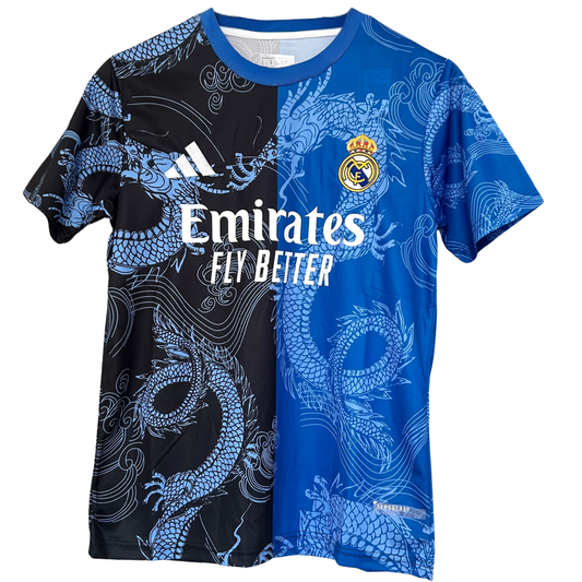 Real Madrid Dragon Blue Noir football kit by ELVN featuring the team crest and detailed blue and black design elements.