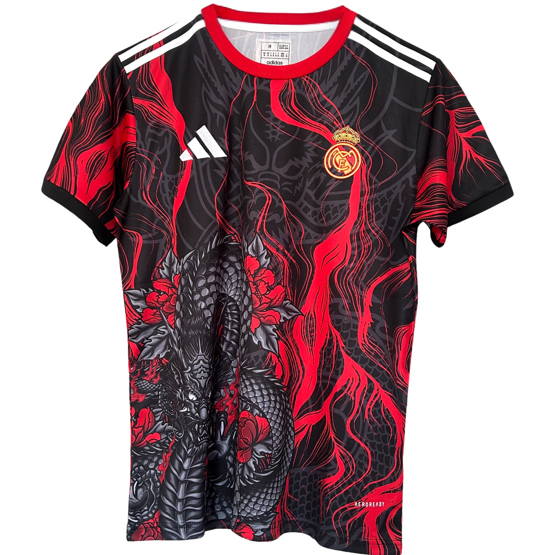 Real Madrid red dragon football kit by ELVN featuring the team crest and vibrant red design on a jersey.
