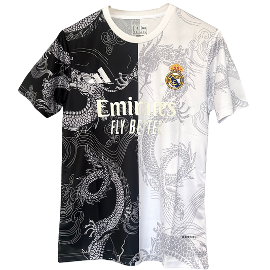 Real Madrid Dragon white and black soccer kit by ELVN, featuring team crest and detailed design on the jersey.