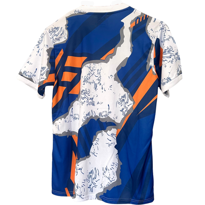 Real Madrid blue and orange soccer kit by ELVN featuring team jersey with sponsor logos and matching shorts.
