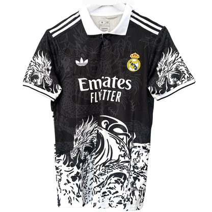 Real Madrid black Dragon kit by ELVN, featuring team jersey with dragon design and team logo on the front.