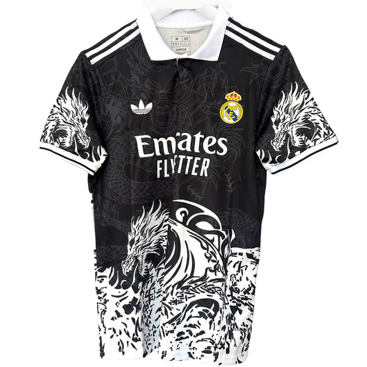 Real Madrid black Dragon kit by ELVN, featuring team jersey with dragon design and team logo on the front.