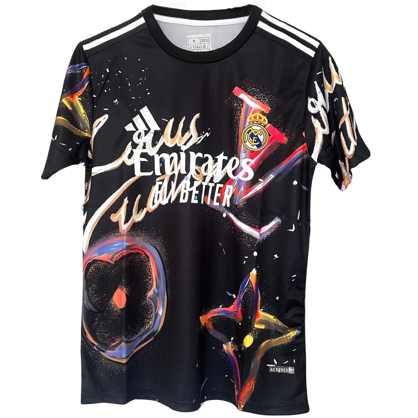 ELVN Real Madrid x Louis Vuitton black sports kit with team logo and designer details, displayed on a flat surface.