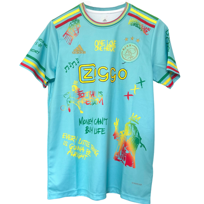 ELVN AJAX X Bob Marley Amsterdam kit featuring colorful accessories and artwork inspired by reggae culture.