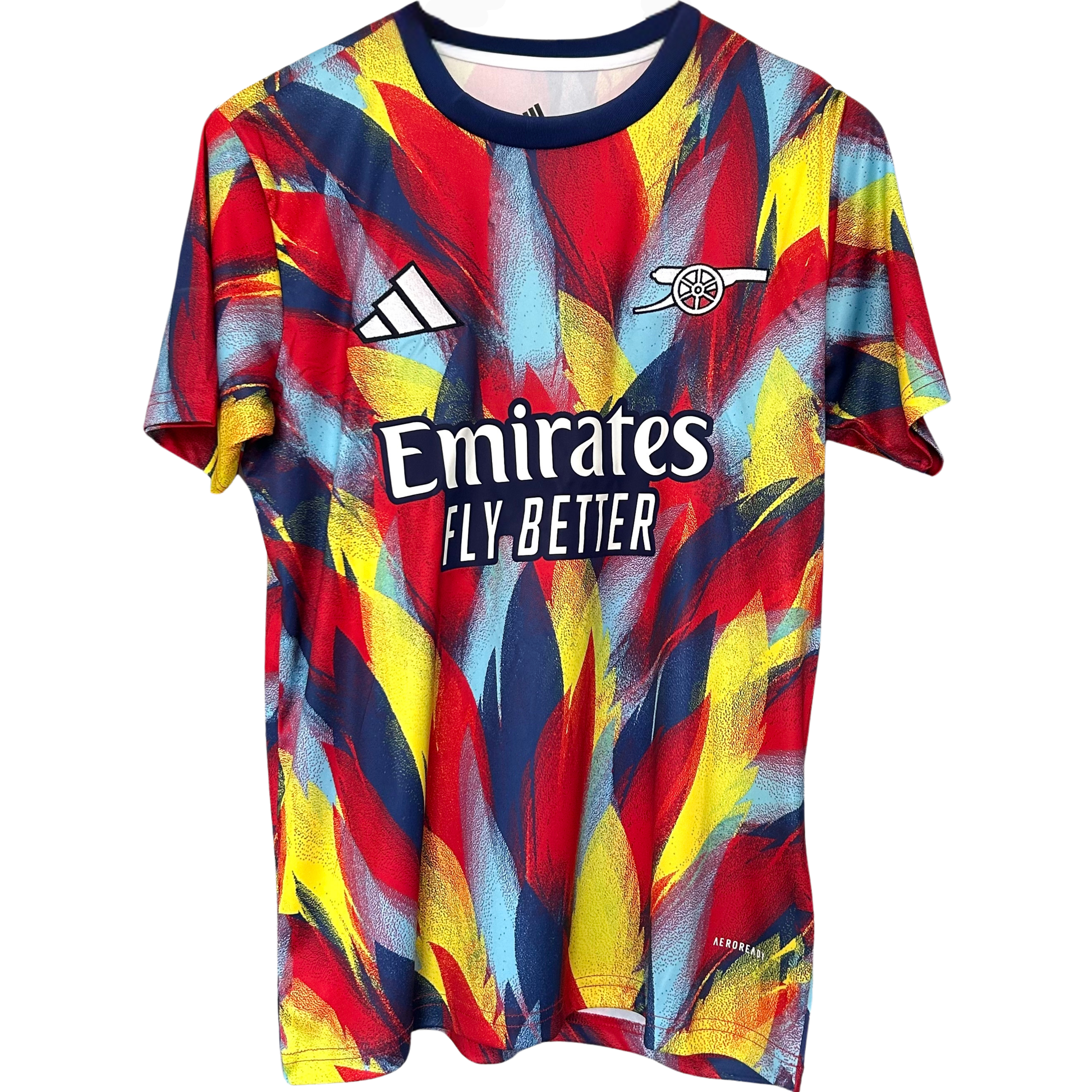 ELVN Arsenal pre-match kit 2025/26, featuring team jersey with club crest and matching shorts, on a plain background.