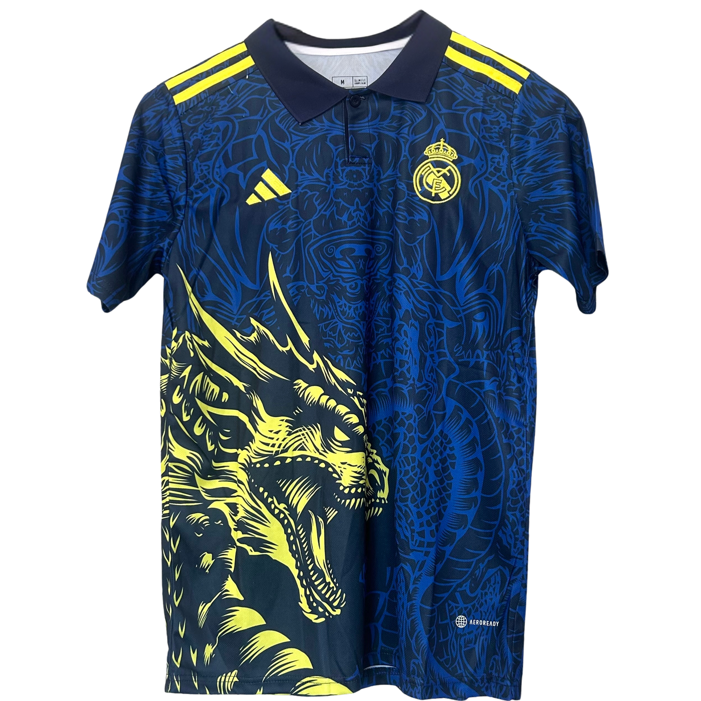 Real Madrid yellow dragon football kit by ELVN, featuring team crest and vibrant yellow jersey with dragon design.