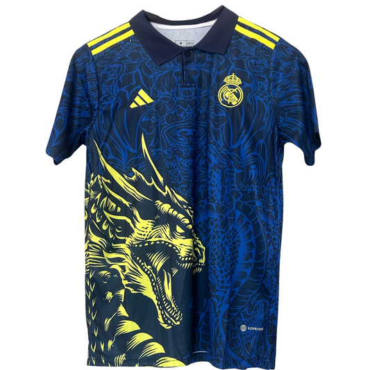 Real Madrid yellow dragon football kit by ELVN, featuring team crest and vibrant yellow jersey with dragon design.