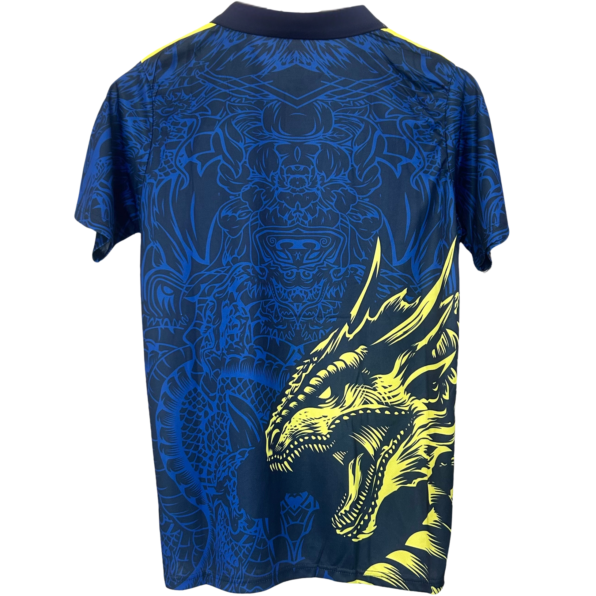 Real Madrid yellow dragon football kit by ELVN featuring team logo and vibrant yellow jersey with dragon design