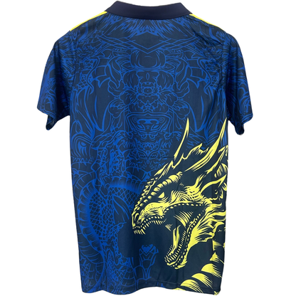 Real Madrid yellow dragon football kit by ELVN featuring team logo and vibrant yellow jersey with dragon design