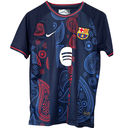 FC Barcelona paisley football kit by ELVN featuring team jersey with paisley pattern and team logo.