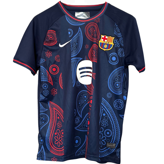 FC Barcelona paisley football kit by ELVN featuring team jersey with paisley pattern and team logo.