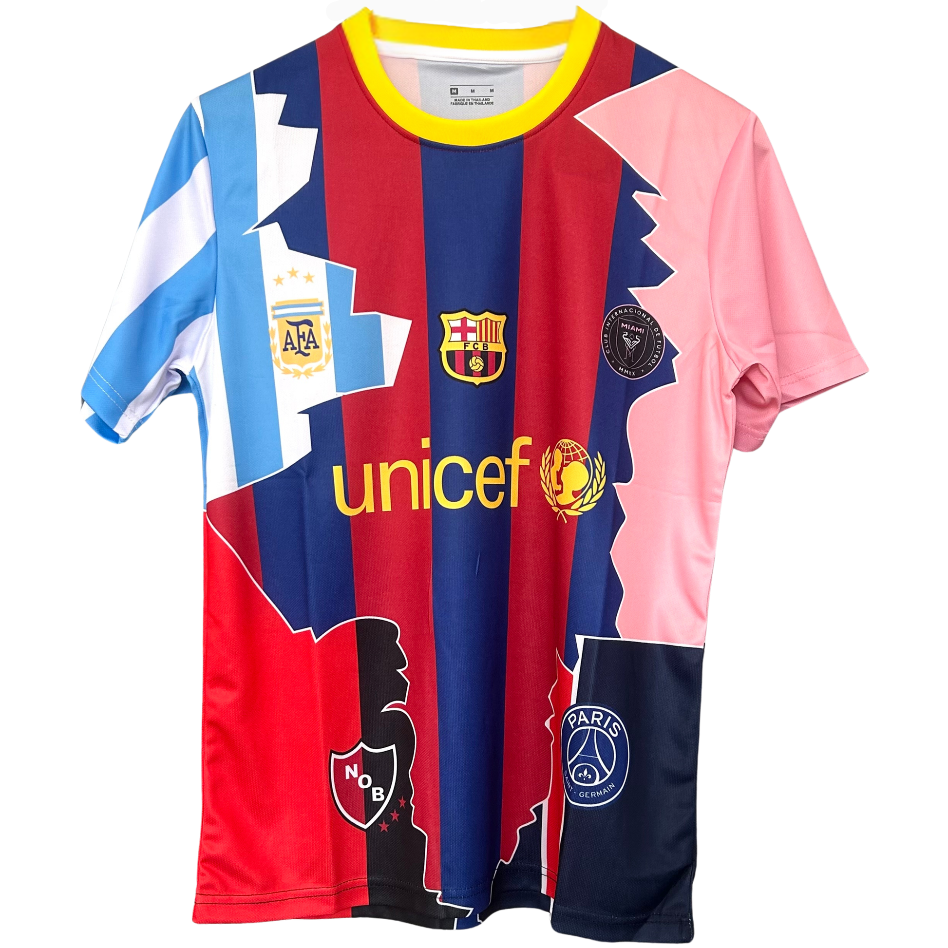 ELVN Messi Legacy Kit featuring a blue and red soccer jersey with team logo and player details, designed for fans and sports enthusiasts.