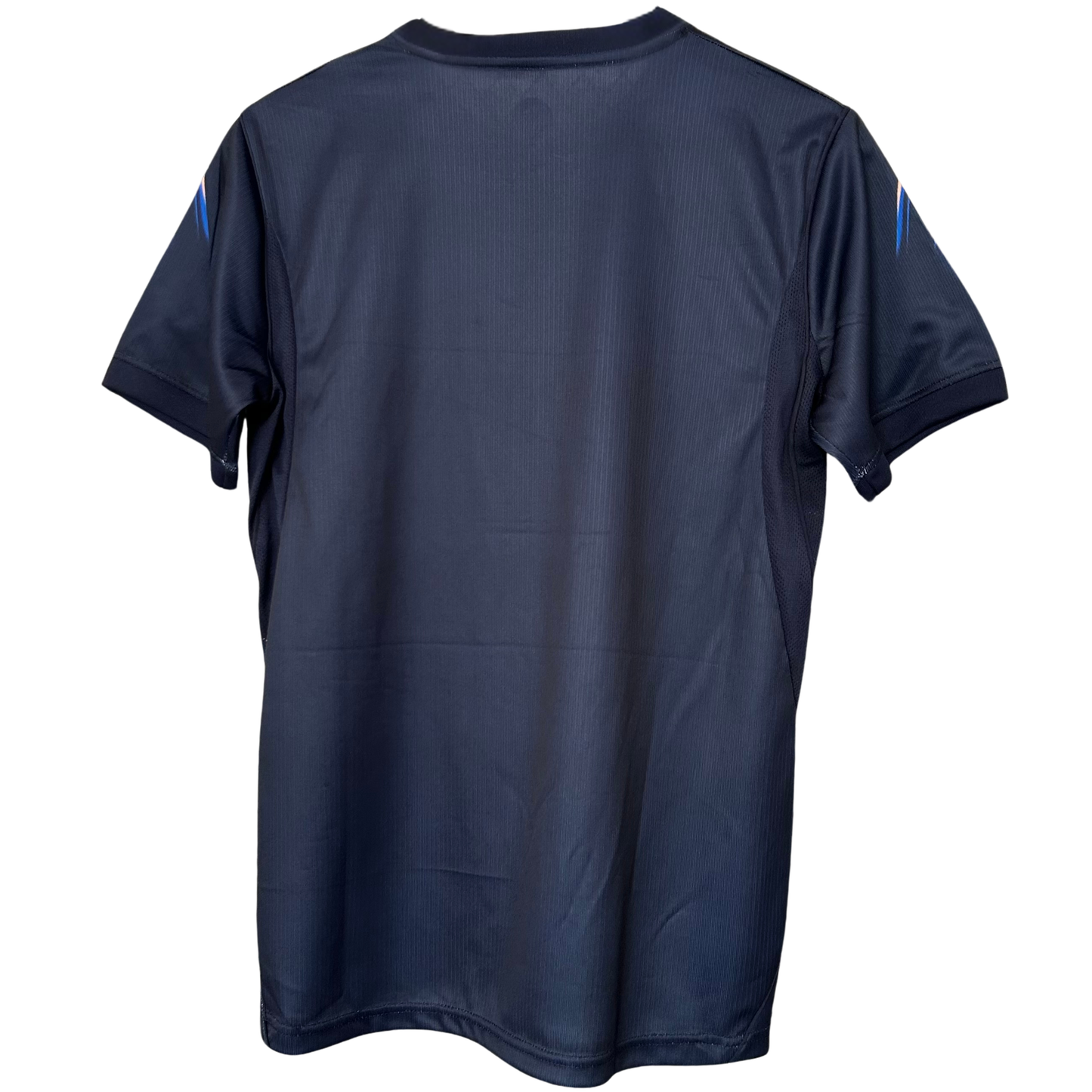 Uruguay away kit 2026 by ELVN featuring blue jersey with white accents and team crest, displayed flat on a white background.