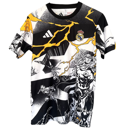 ELVN Real Madrid Avengers pre-match kit 2025/26, featuring team jersey and shorts with Avengers-themed design, laid flat for display.