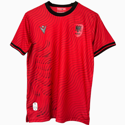 Elvn Albania home football kit 2026 with team crest, red jersey, and matching shorts featuring the latest design.