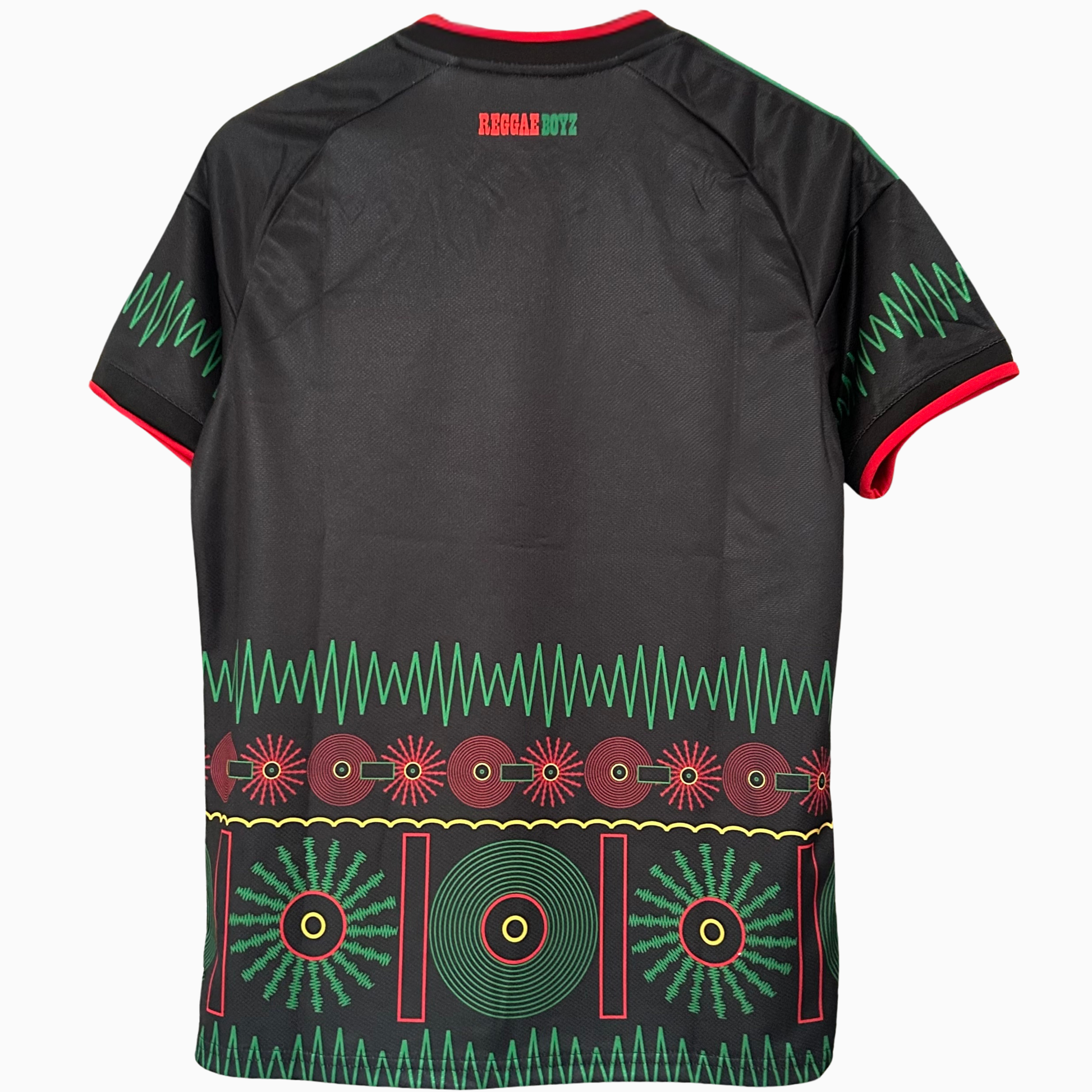 ELVN Jamaica Away Kit 2026 soccer jersey with vibrant green and black design, featuring team logo and player numbers.