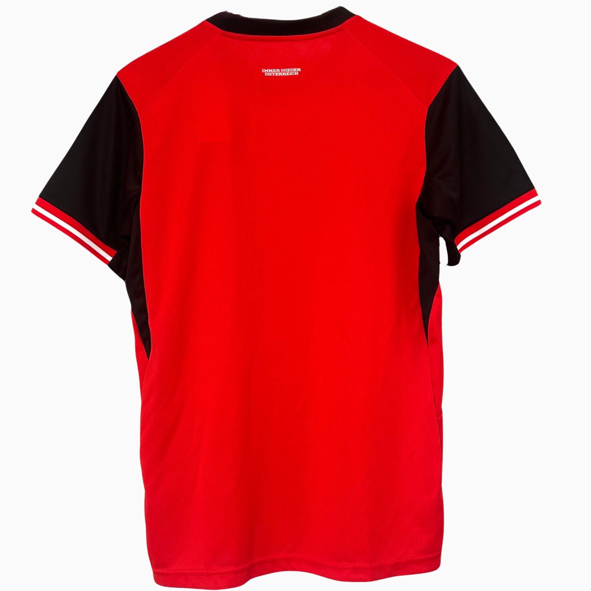 Austria home kit 2026 soccer jersey by ELVN, featuring the team’s red and white design with team crest and sponsor logos.