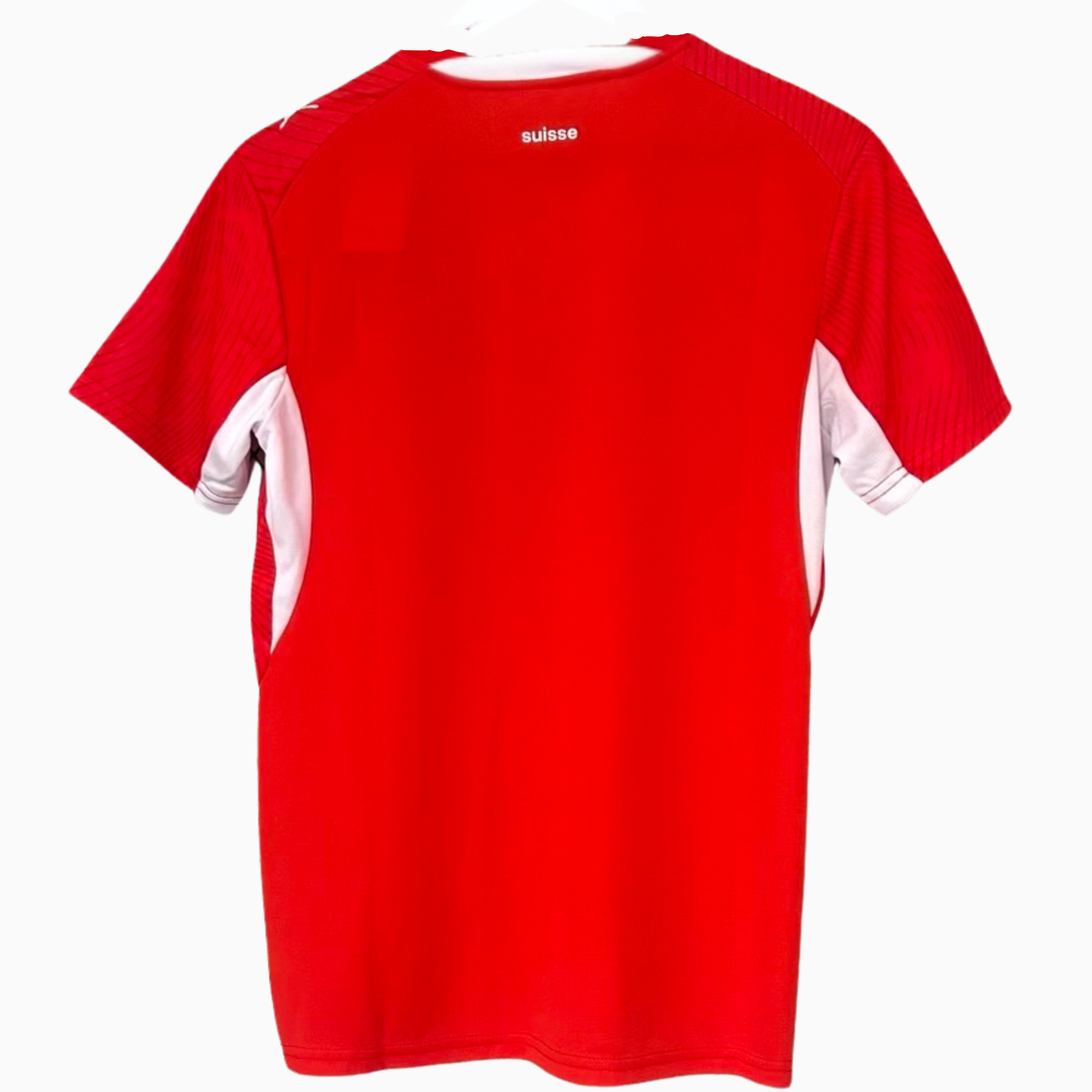 Switzerland home soccer kit 2026 by ELVN featuring the national team jersey, with red and white colors and team logos visible.