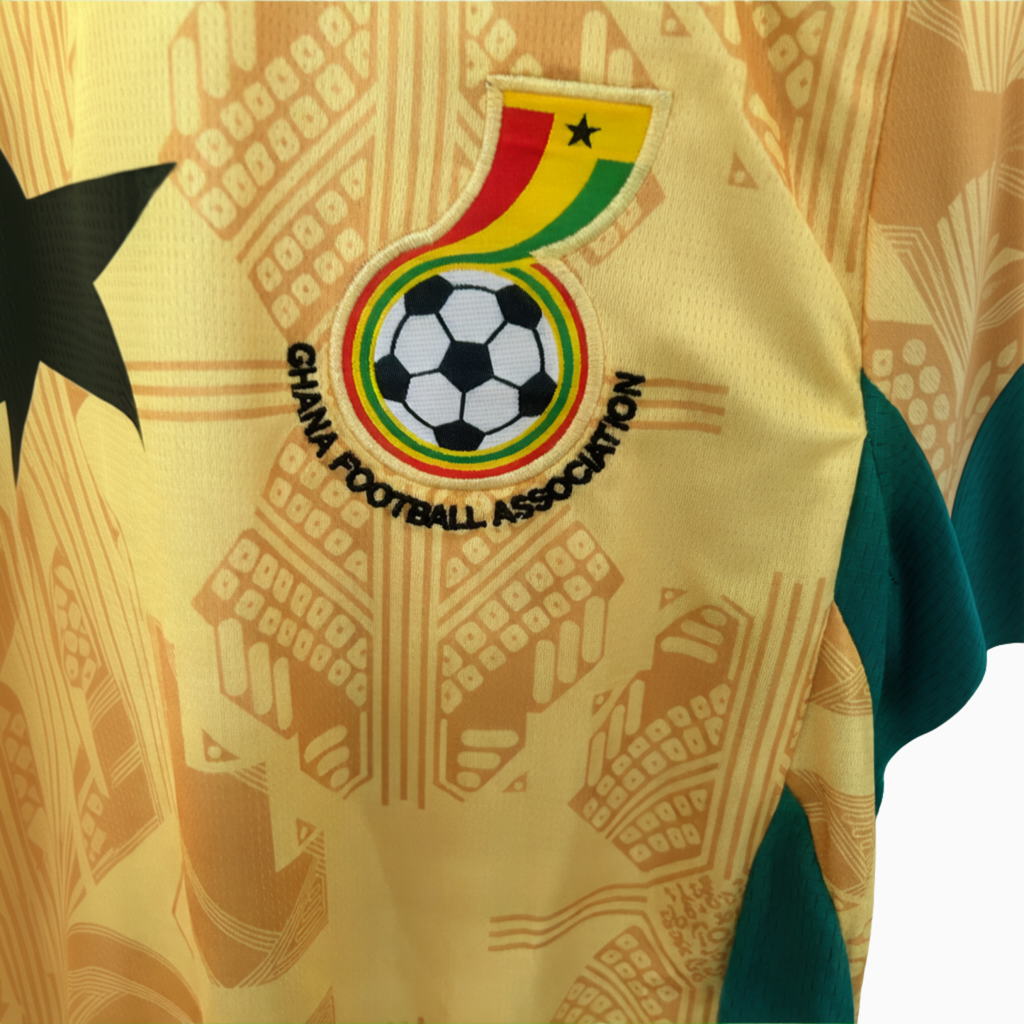 Ghana away football kit 2026 by ELVN featuring the team’s jersey with green and yellow accents and Ghana crest.